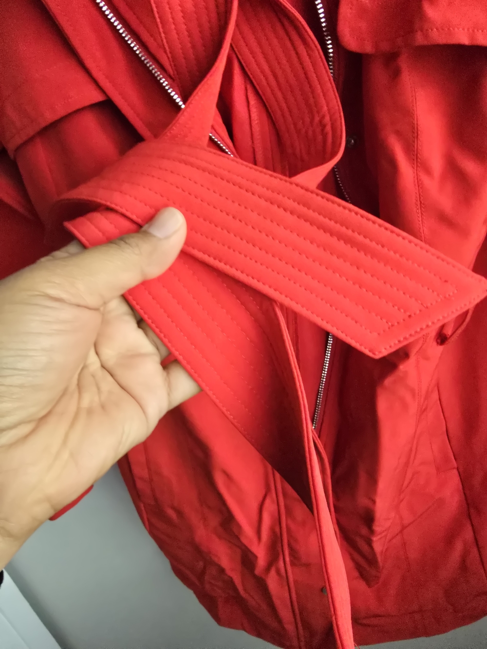 DKNY Red Trench Coat with Self-Tie Belt - Picture 12 of 14